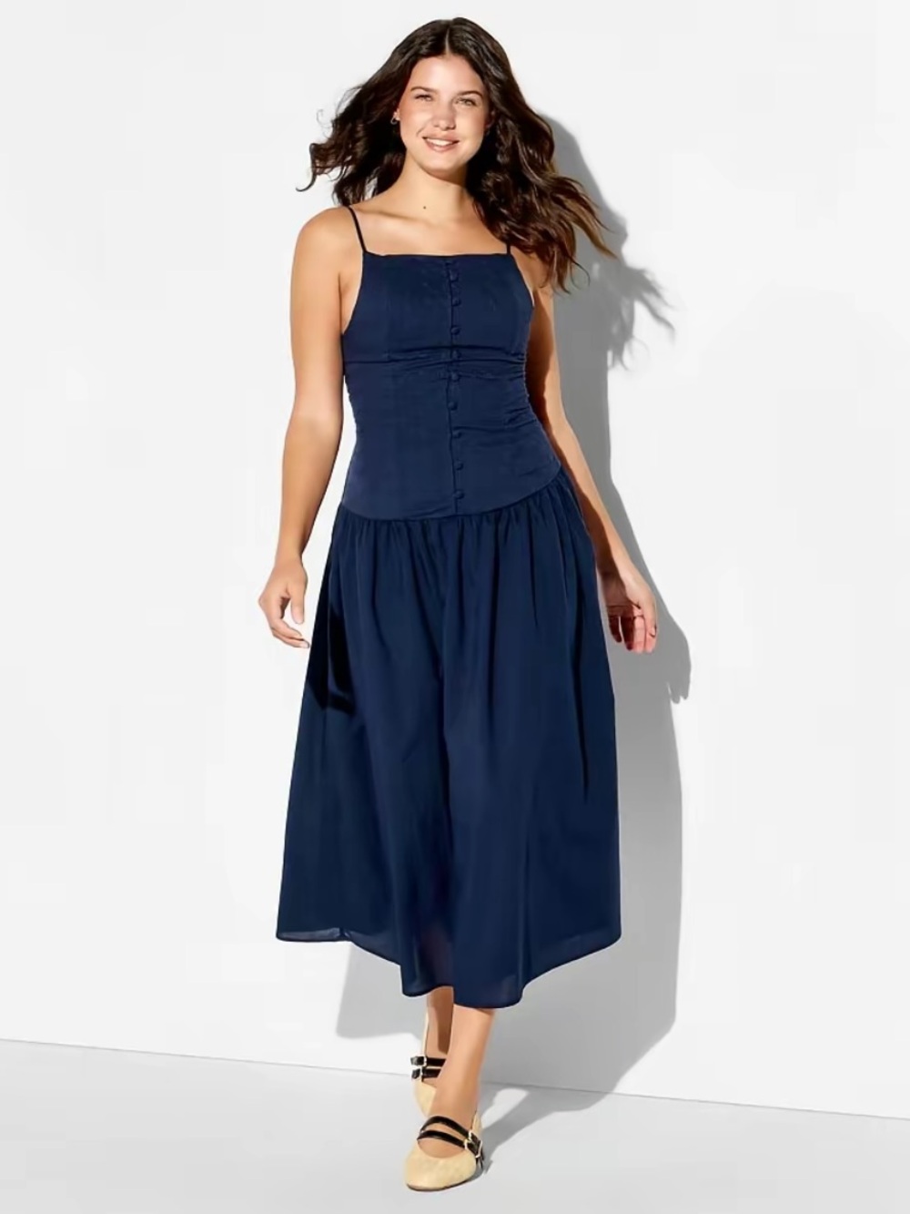 High Neck Dropped Waist Midi A-Line Dress with Button Front